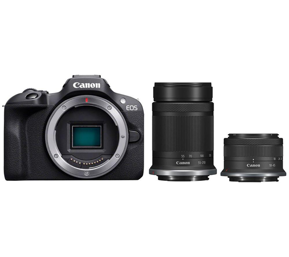 Image of CANON EOS R100 Mirrorless Camera with RF-S 18-45 mm f/4.5-6.3 IS STM & 55-210 mm f/5-7.1 IS STM Lens, Black