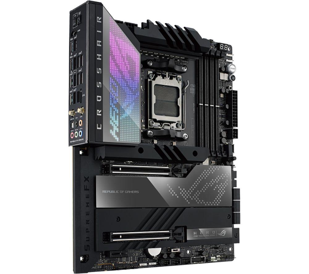 ASUS ROG Crosshair X670E Hero ATX motherboard, 18 + 2 power stages, PCIe 5.0, DDR5 support, five M.2 slots, USB 3.2 Gen 2x2 front-panel connector with Quick Charge 4+, USB4, Wi-Fi 6E