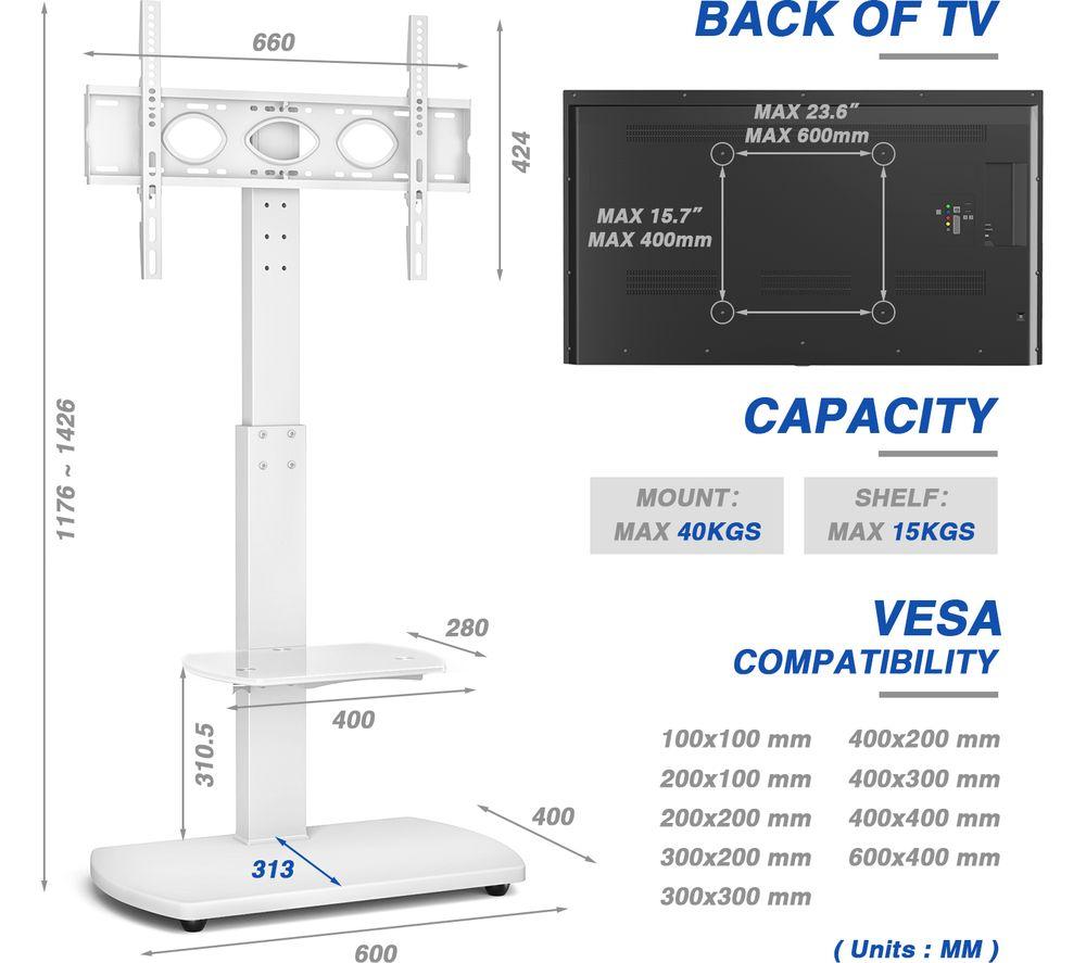 TTAP FS-1-WHT 600 mm TV Stand with Bracket for Up to 65&rdquo; TVs - White image number 2 of 6