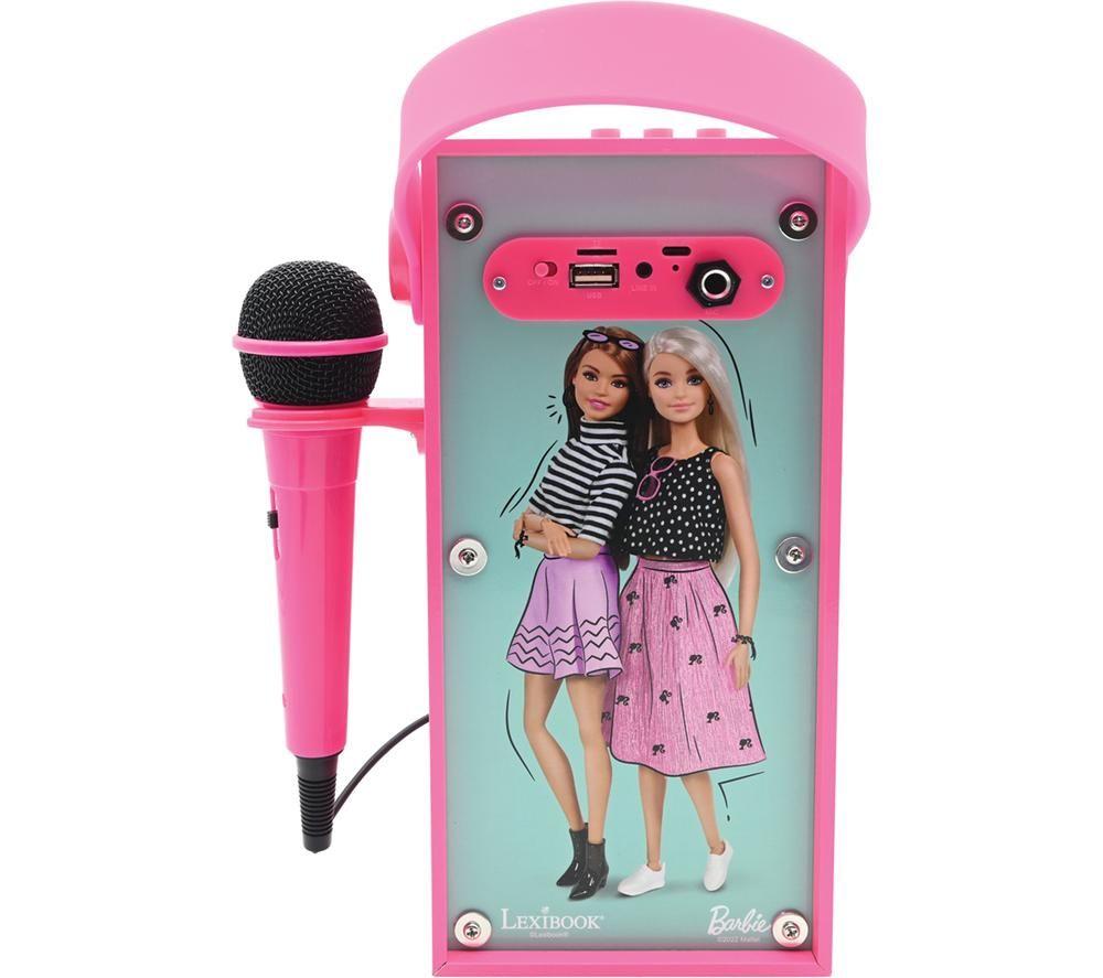 Lexibook BTP180BBZ Mattel Barbie-Portable Bluetooth Speaker with Microphone, Karaoke, Light Effects, Wireless, USB, SD Card, Rechargeable Battery, Pink, Black