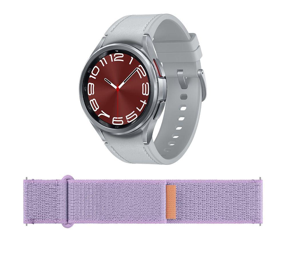 Samsung Galaxy Watch6 Classic 5G (Silver, 43 mm) & Additional Fabric Band (Lavender, S/M) Bundle, Si