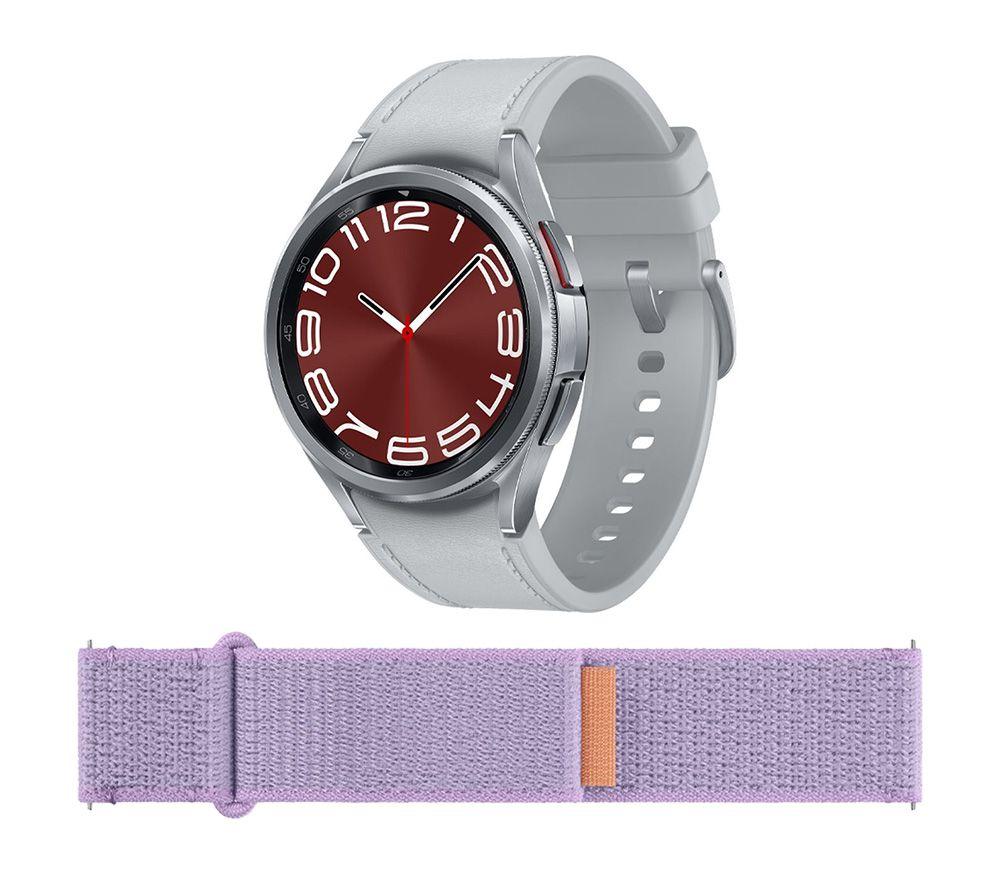 Samsung Galaxy Watch6 Classic BT (Silver, 43 mm) & Additional Fabric Band (Lavender, S/M) Bundle, Silver/Grey