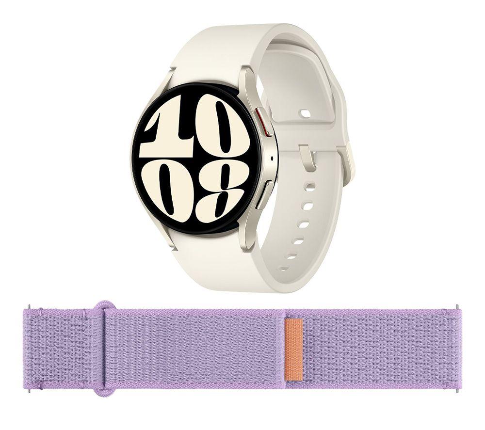 Samsung Galaxy Watch6 5G (Cream, 40 mm) & Additional Fabric Band (Lavender, S/M) Bundle, White