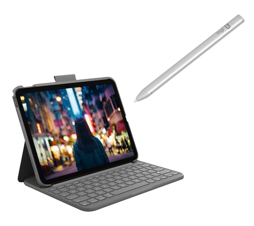 Logitech iPad Slim 10.9" Keyboard Folio & Crayon (2nd Gen) Digital Pencil for iPad Bundle, Silver/Grey