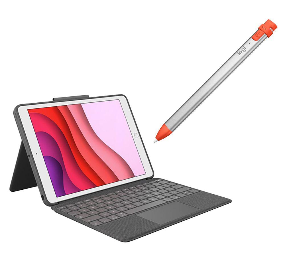 Logitech Combo Touch iPad 10.2 Keyboard Folio Case & Crayon Digital Pencil for iPad Bundle, Silver/