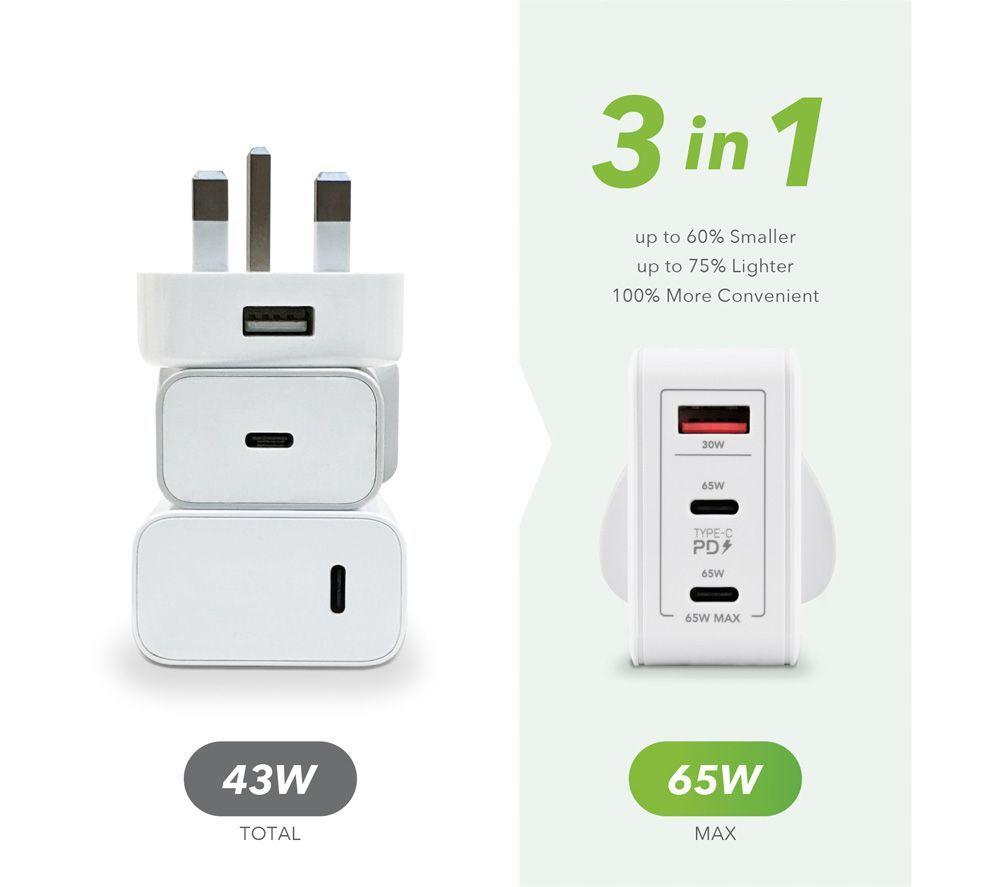 VELD VHG65JW Super-Fast 3-port 65 W USB Wall Charger - White image number 3 of 10