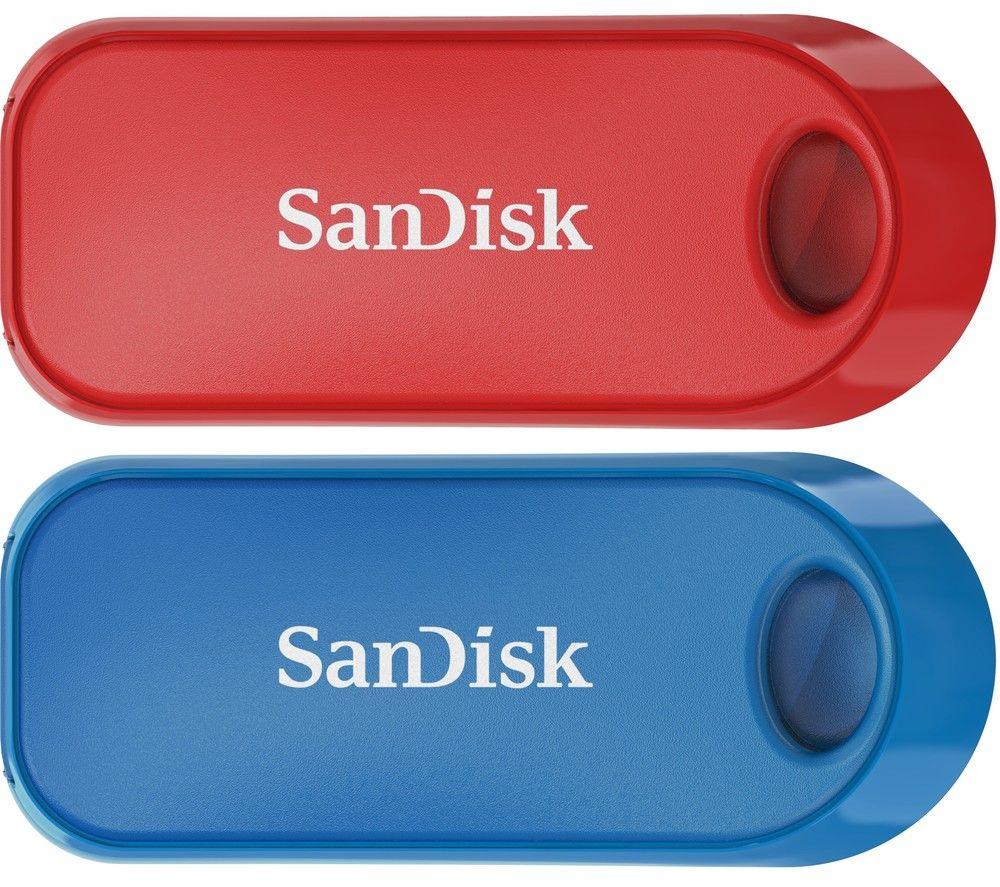 SANDISK Cruzer Snap USB 2.0 Memory Stick - 32 GB, Pack of 2, Red & Blue, Blue,Red