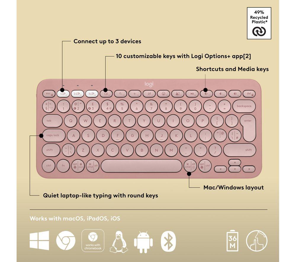 LOGITECH Pebble Keys 2 K380S Wireless Keyboard - Pink image number 6 of 11