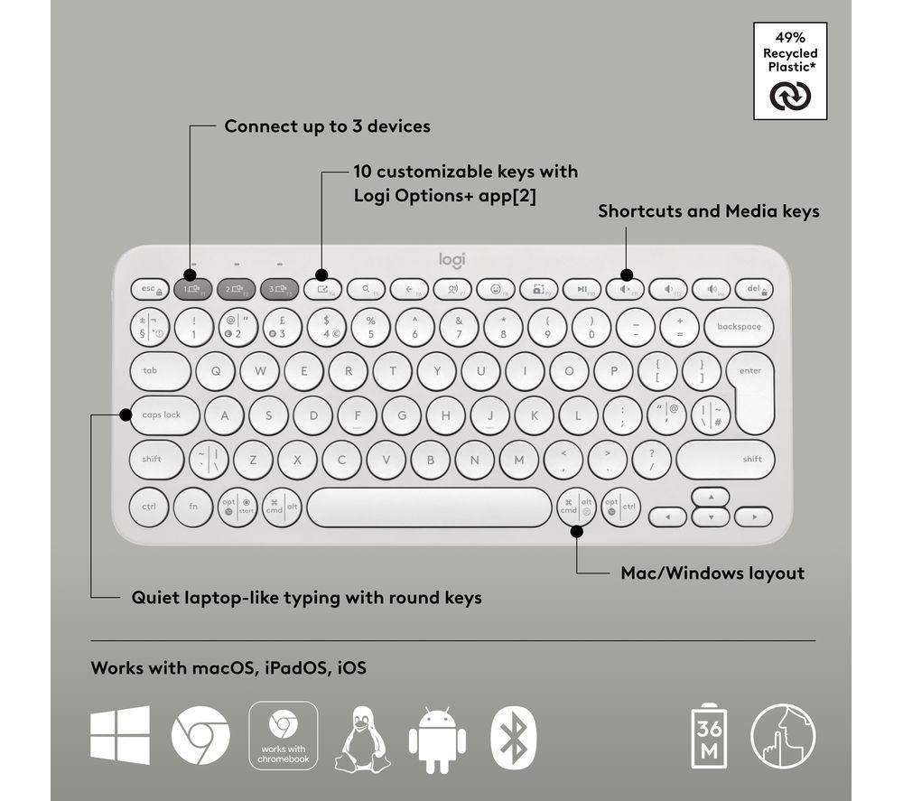 LOGITECH Pebble Keys 2 K380S Wireless Keyboard - White image number 6 of 11