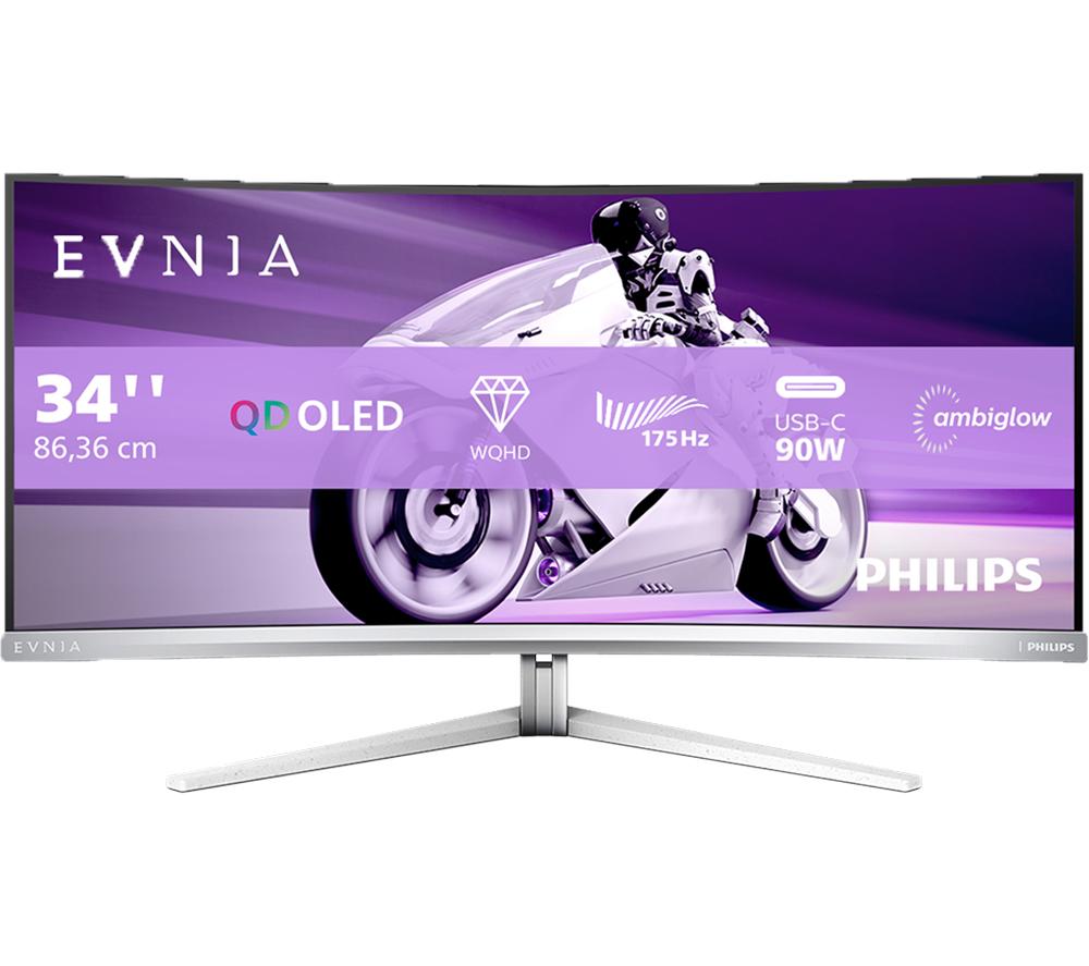 PHILIPS Evnia 34M2C8600 Quad HD 34 Curved OLED Gaming Monitor - Silver, Silver/Grey