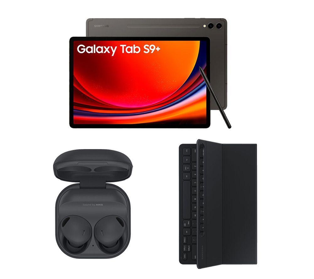 Samsung Galaxy Tab S9+ 12.4 Tablet (256 GB, Graphite), Tab S9+ Slim Book Cover Keyboard Case & Buds