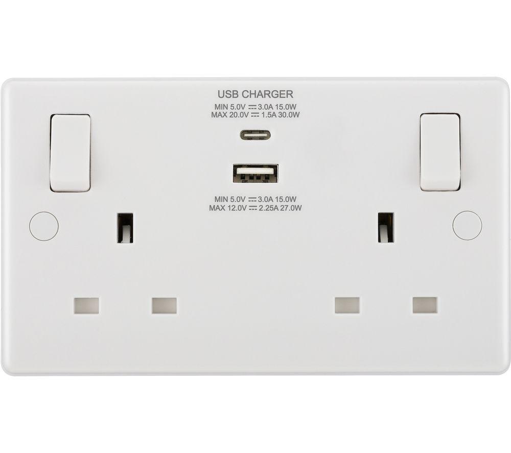BG ELECTRICAL 822UAC30 Double Wall Socket with USB Type-C & USB - White