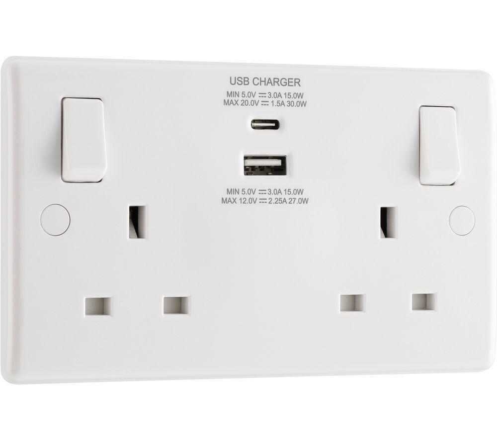 BG ELECTRICAL 822UAC30 Double Wall Socket with USB Type-C & USB - White image number 2 of 3