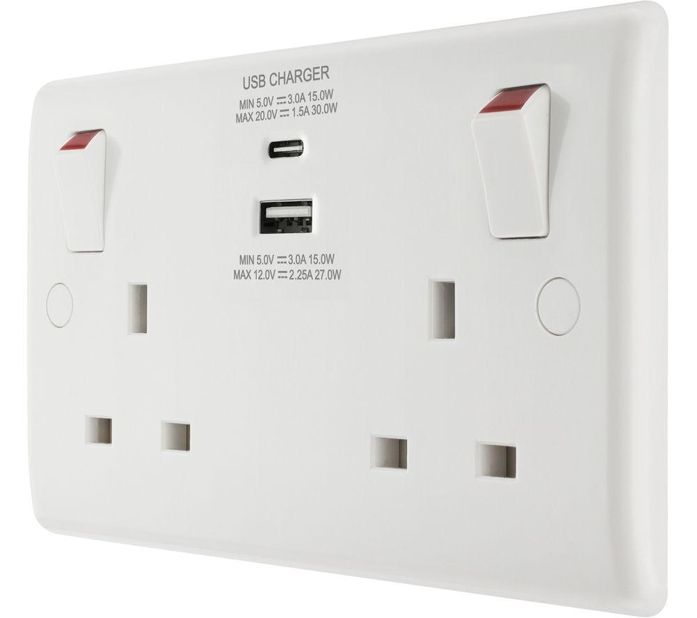 BG ELECTRICAL 822UAC30 Double Wall Socket with USB Type-C & USB - White image number 3 of 3
