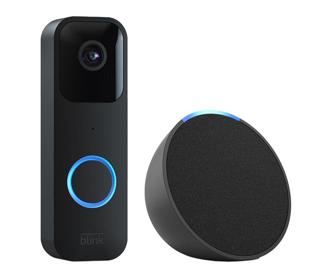 Amazon Blink Video Doorbell (Wired / Battery) & Amazon Echo Pop Smart Speaker Bundle, Black
