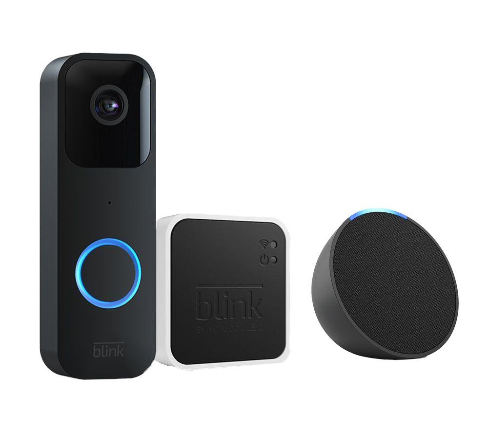 Amazon Blink Video Doorbell with Sync Module (Wired / Battery) & Amazon Echo Pop Smart Speaker Bundl
