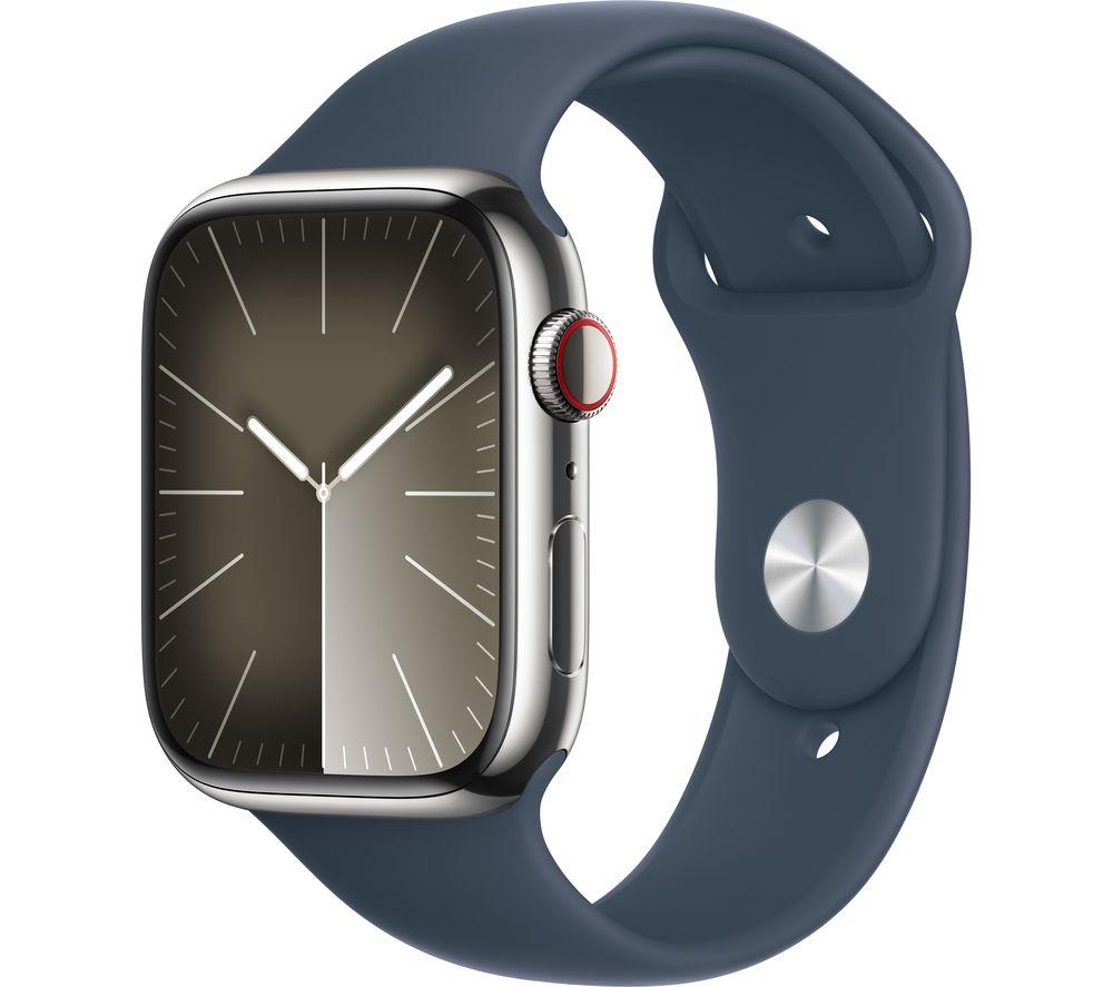 APPLE Watch Series 9 Cellular - 45 mm Silver Stainless Steel Case with Storm Blue Sport Band, M/L, S