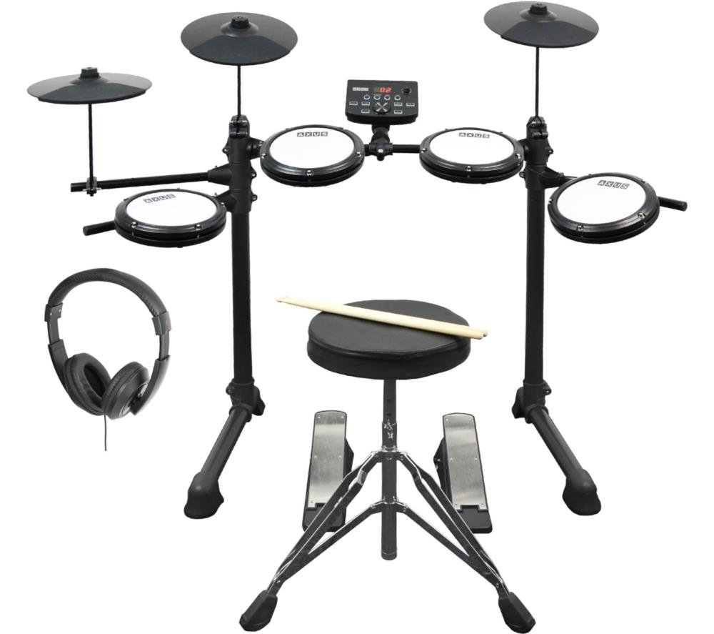 Axus Axk4 Electronic Drum Kit With Sticks, Stool And Headphones, Black,White