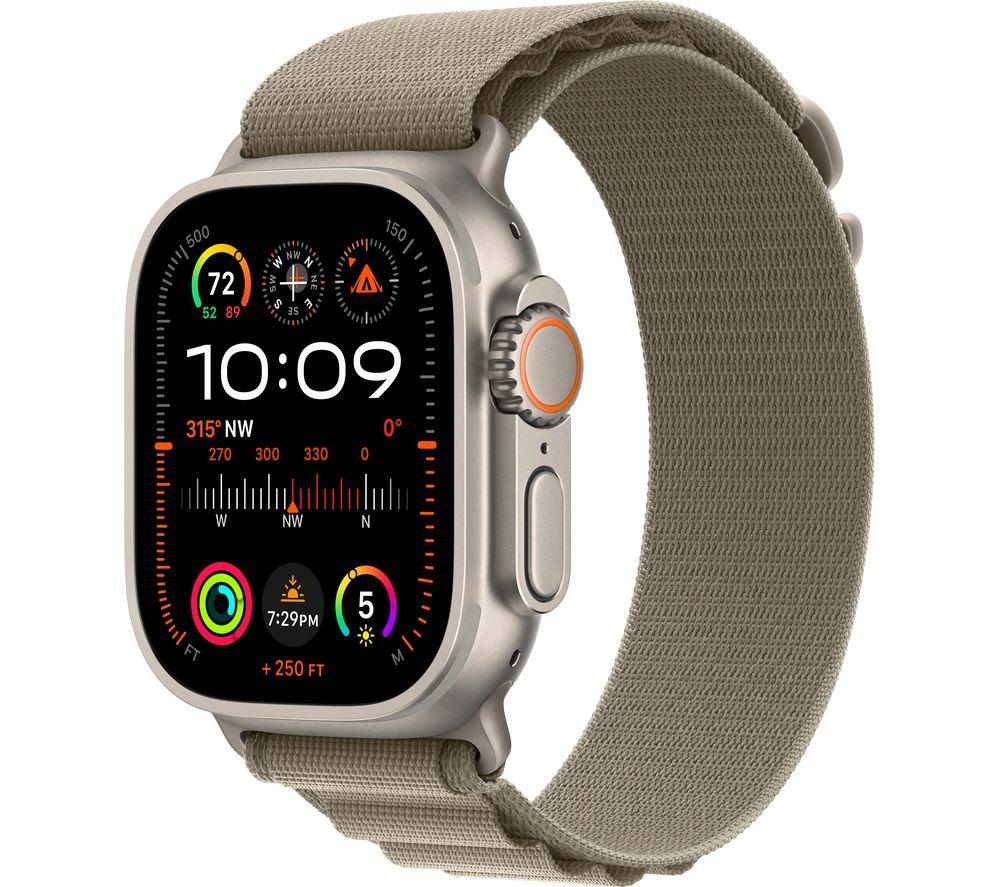 APPLE Watch Ultra 2 Cellular - 49 mm Titanium Case with Olive Alpine Loop, Small, Green,Silver/Grey