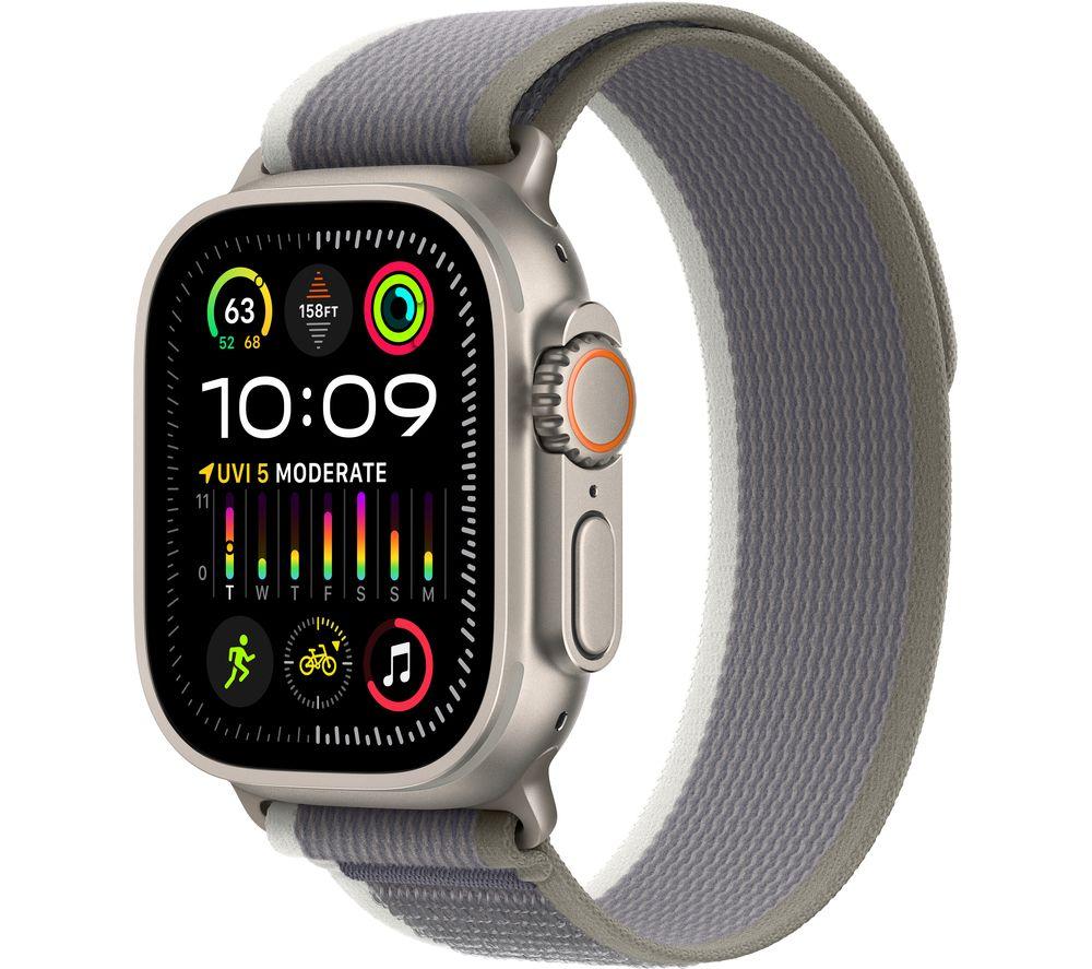 APPLE Watch Ultra 2 Cellular - 49 mm Titanium Case with Grey & Green Trail Loop, S/M, Green,Silver/Grey