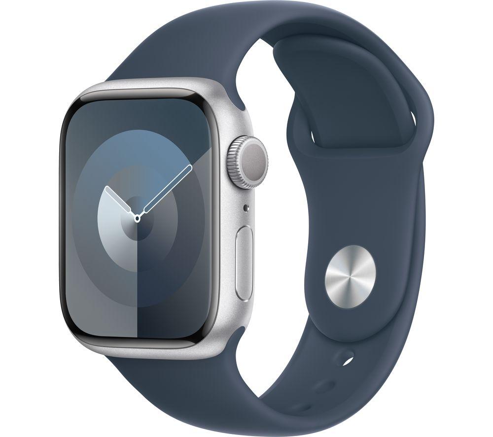 APPLE Watch Series 9 - 41 mm Silver Aluminium Case with Storm Blue Sport Band, S/M, Silver/Grey,Blue