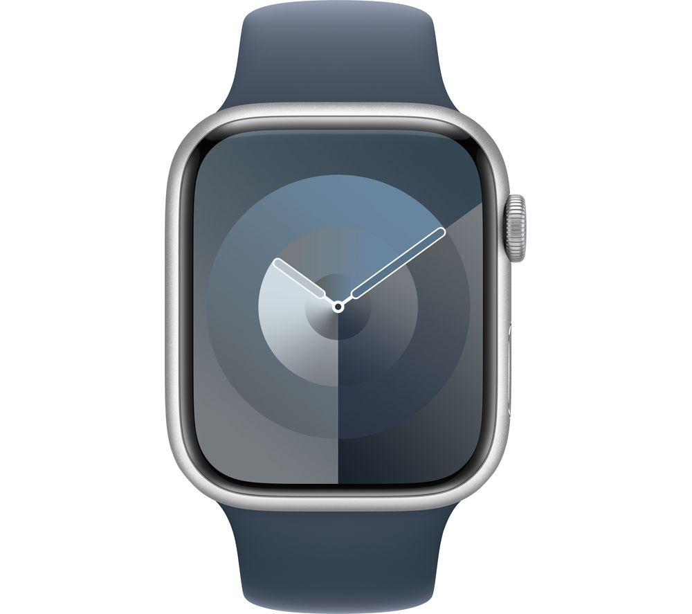 APPLE Watch Series 9 - 45 mm Silver Aluminium Case with Storm Blue Sport Band, M/L, Silver/Grey,Blue