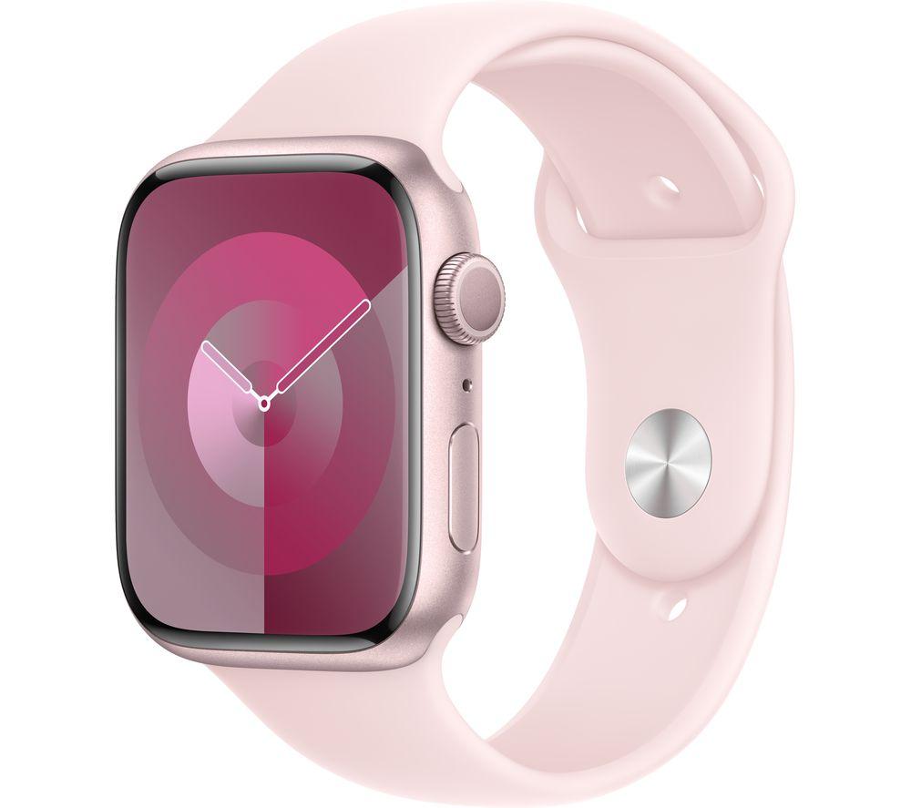 Apple Watch Series 9 [GPS 45mm] Smartwatch with Pink Aluminum Case with Light Pink Sport Band S/M. Fitness Tracker, Blood Oxygen & ECG Apps, Always-On Retina Display, Water Resistant