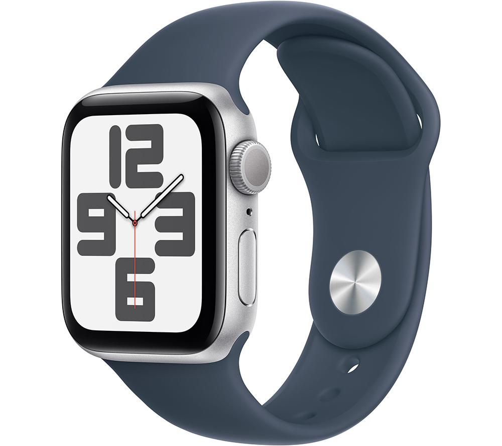 APPLE Watch SE (2023) - 40 mm Silver Aluminium Case with Storm Blue Sports Band, S/M, Silver/Grey,Bl