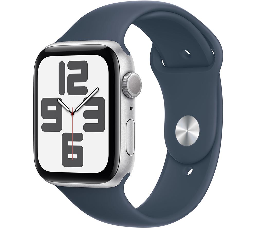 Image of APPLE Watch SE (2023) - 44 mm Silver Aluminium Case with Storm Blue Sport Band, M/L, Silver/Grey,Blue