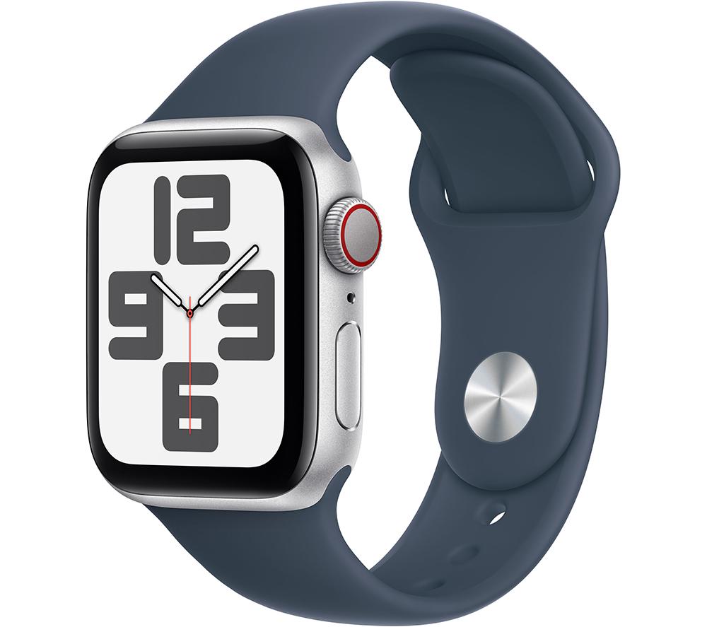 Image of APPLE Watch SE Cellular (2023) - 40 mm Silver Aluminium Case with Storm Blue Sport Band, S/M, Silver/Grey,Blue