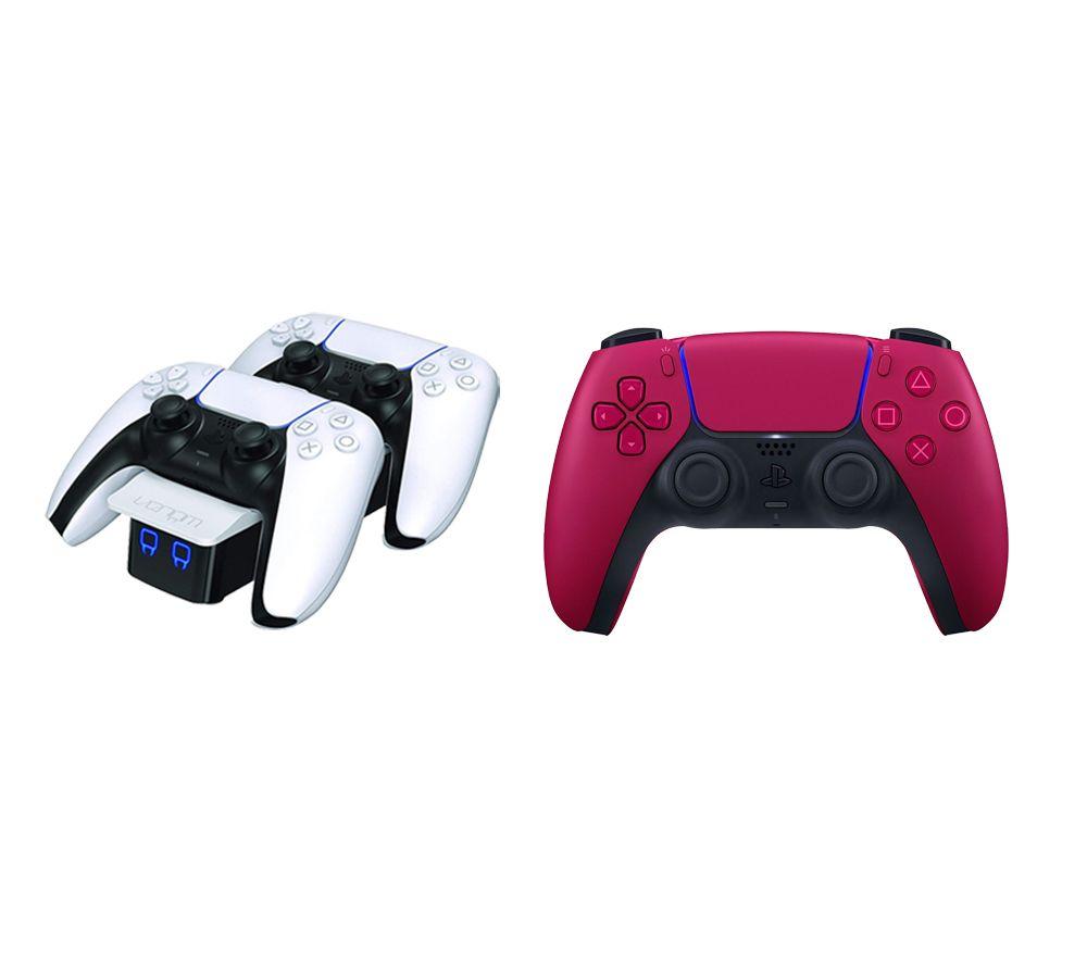 Playstation PS5 DualSense Wireless Controller (Red) & Twin Docking Station (White) Bundle