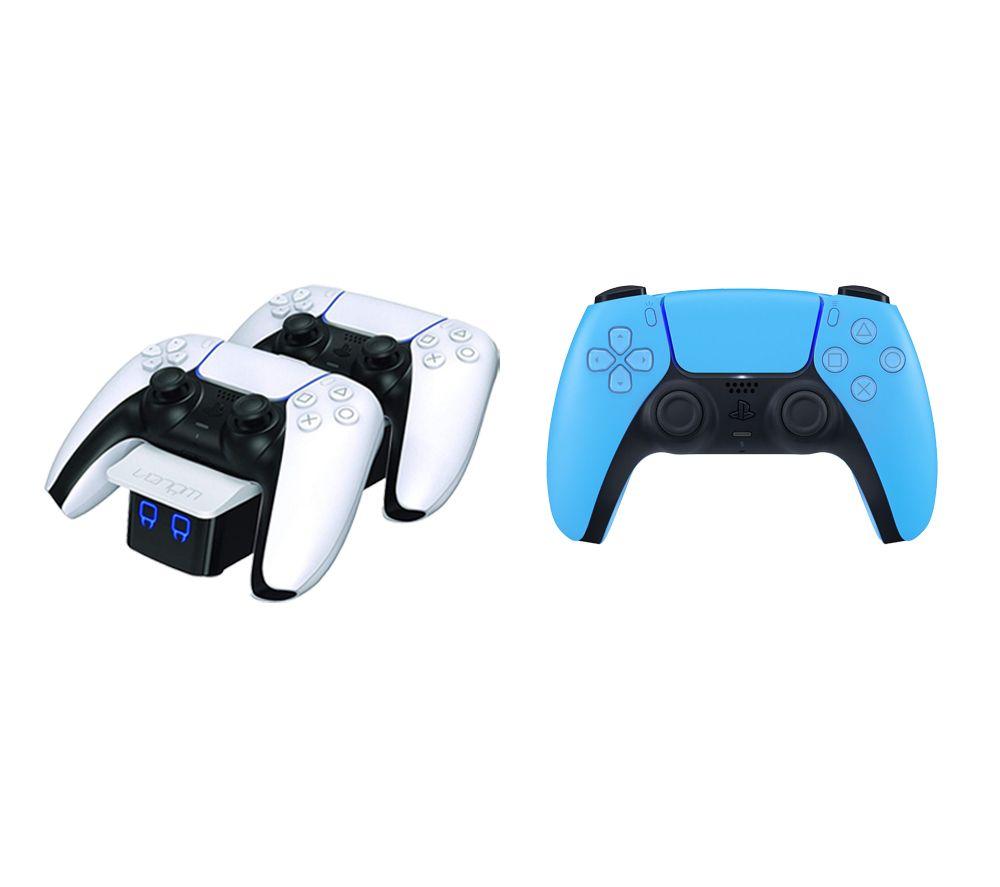 Playstation PS5 DualSense Wireless Controller (Blue) & Twin Docking Station (White) Bundle