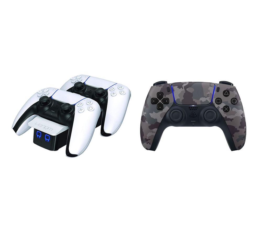 Playstation PS5 DualSense Wireless Controller (Grey) & Twin Docking Station (White) Bundle
