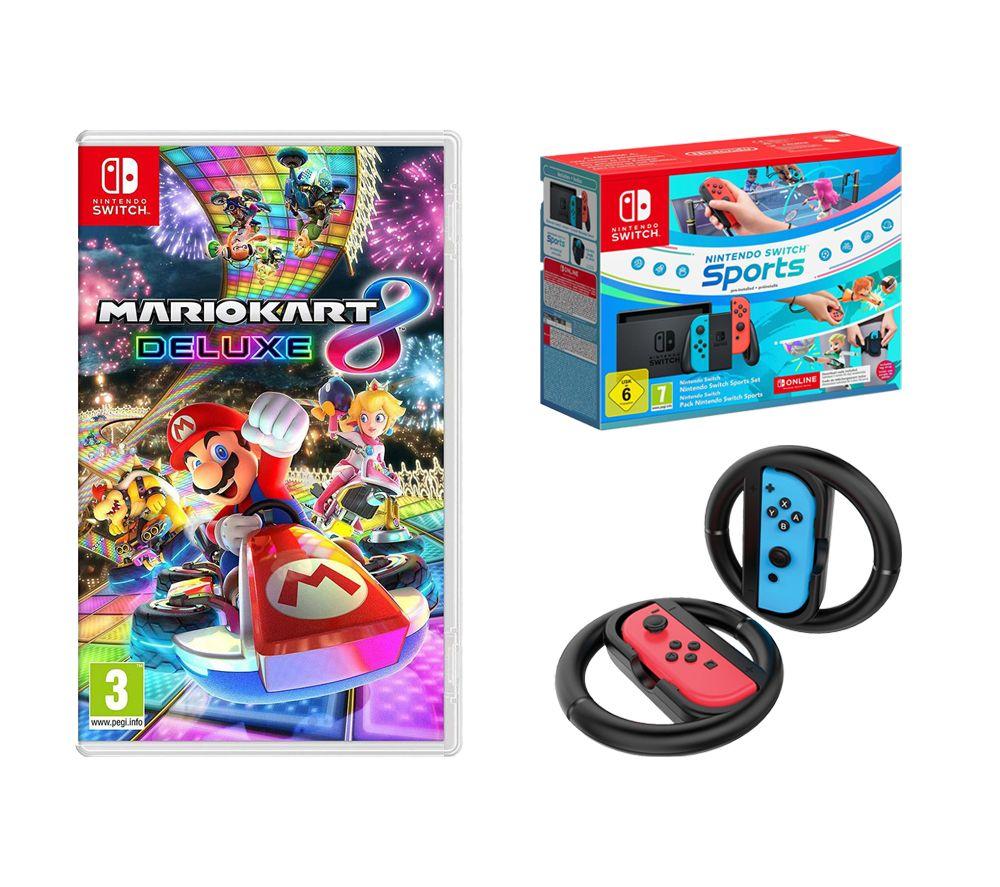 NINTENDO Switch (Red and Blue), Nintendo Switch Sports, 3 Month Online Subscription, Mario Kart 8 De