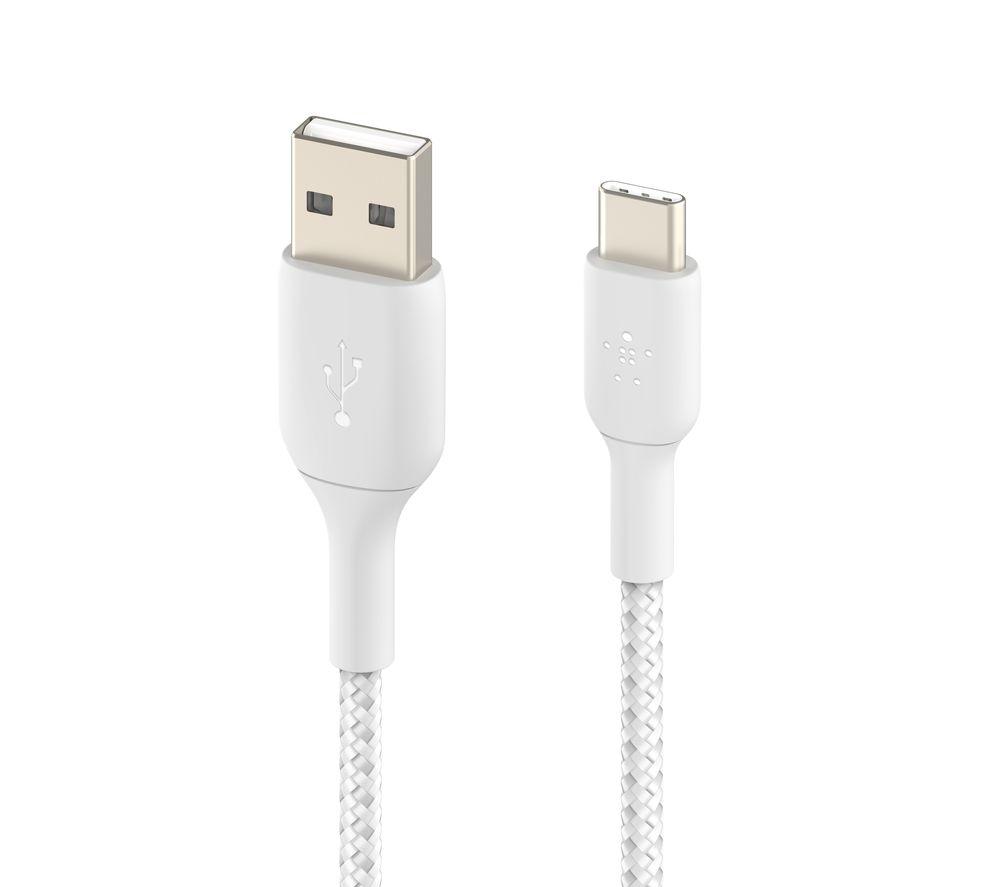 Belkin BoostCharge Braided USB C charger cable, USB-C to USB-A cable, USB type C charging cable for iPhone 15, Samsung Galaxy S24, Google Pixel, iPad, MacBook, Nintendo Switch and more - 1m, White
