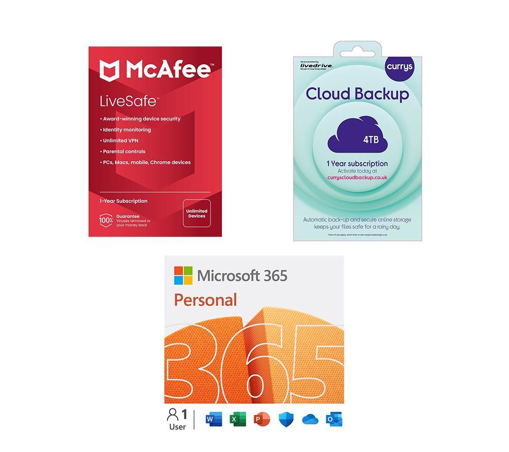 Microsoft 365 Personal (12 months (automatic renewal), 1 user), Cloud Backup (4 TB, 1 year) & LiveSafe (1 year, unlimited devices) Bundle
