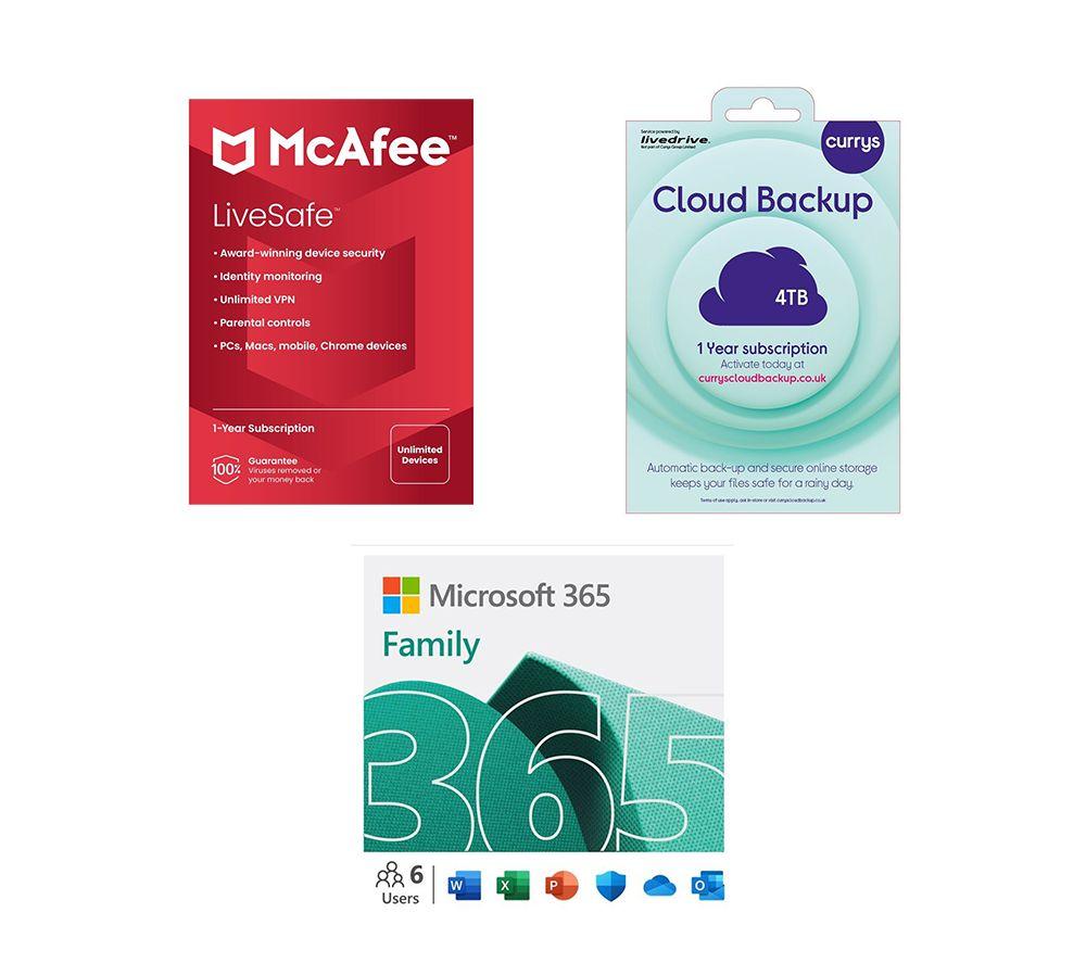 Microsoft 365 Family (12 months (automatic renewal), 6 users), LiveSafe (1 year, unlimited devices) & Cloud Backup (4 TB, 1 year) Bundle