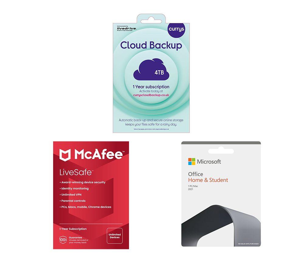Microsoft Office Home & Student 2021 (Lifetime for 1 user), McAfee LiveSafe (1 year, unlimited devices) & Currys Cloud Backup (4 TB, 1 year) Bundle