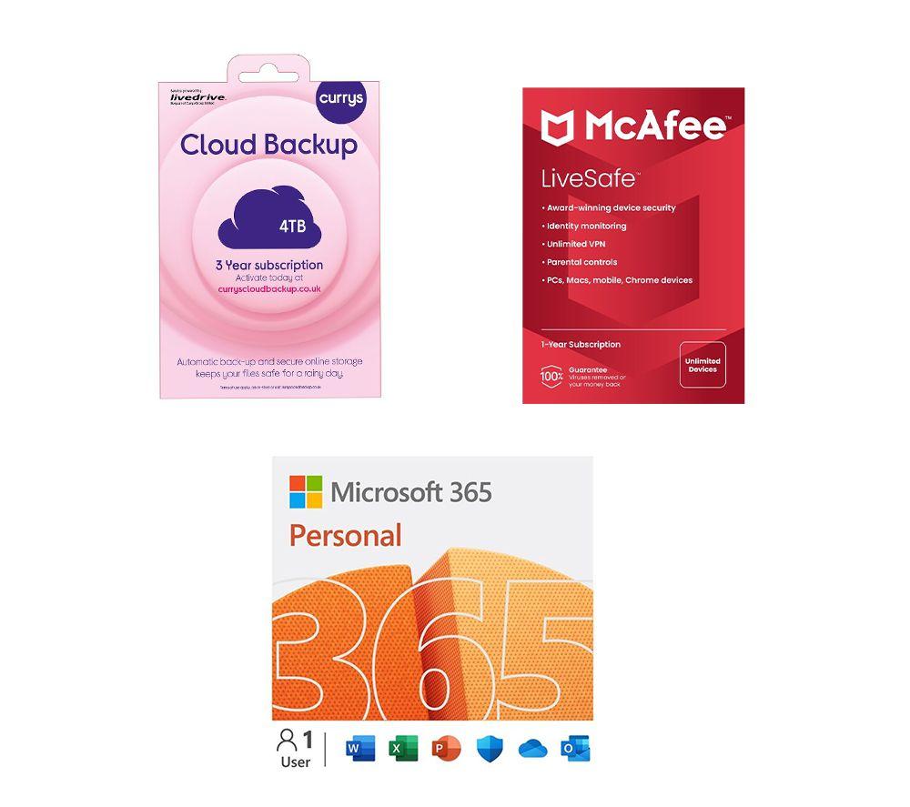 Microsoft 365 Personal (12 months (automatic renewal), 1 user), McAfee LiveSafe (1 year, unlimited d