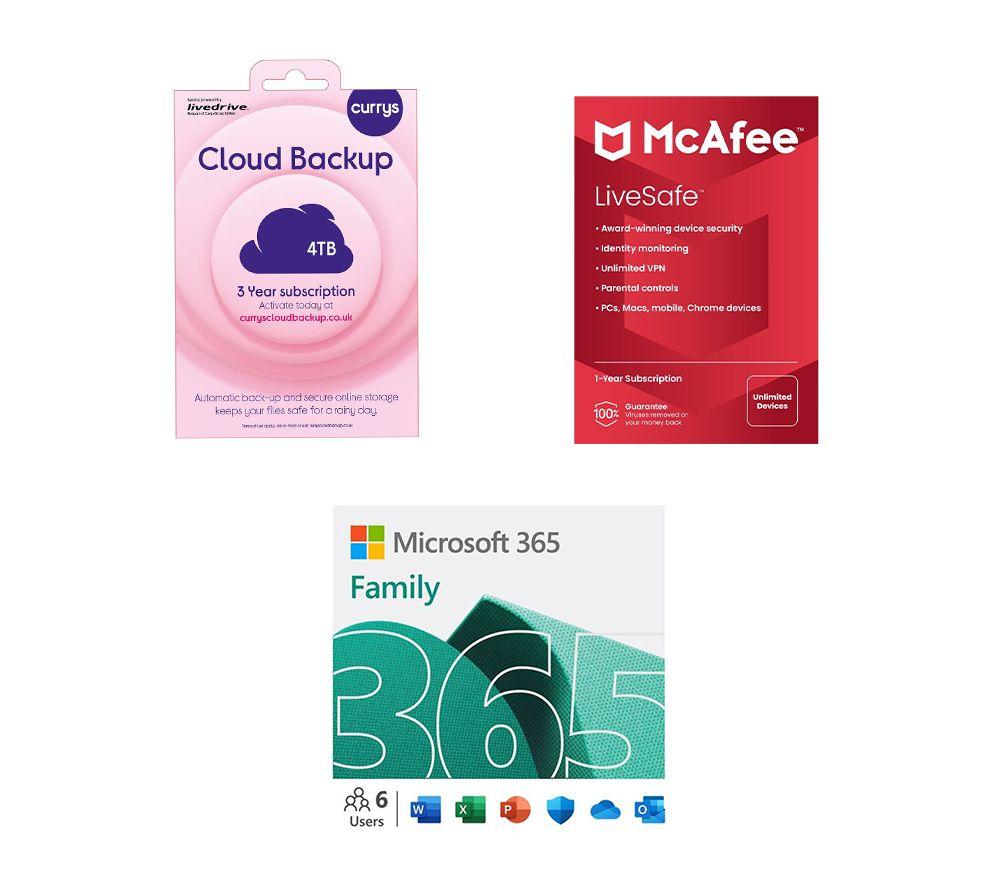 Microsoft 365 Family (12 months (automatic renewal), 6 users), McAfee LiveSafe (1 year, unlimited de