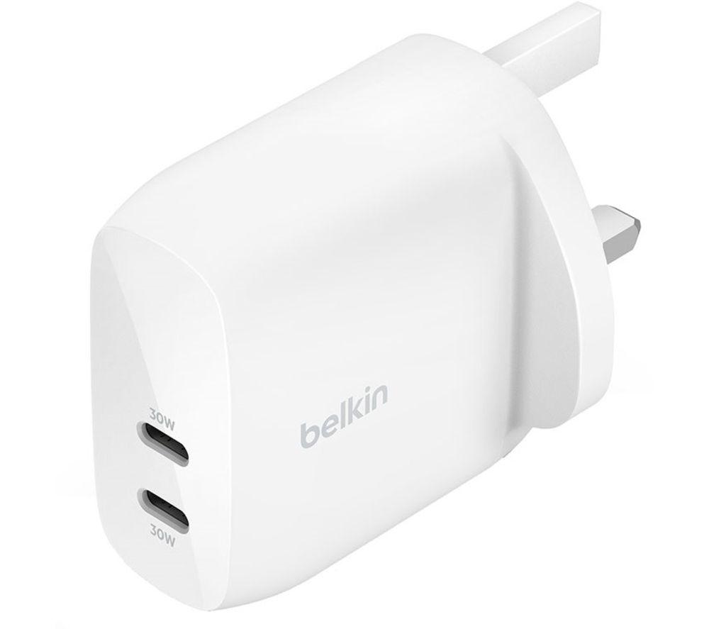 Belkin BoostCharge dual USB-C plug with PPS, 60W phone charger for iPhone 15 and other, iPad, Samsung Galaxy, Google Pixel, MacBook - compatible w/ USB-C to lightning cable & USB-C to USB-C - white