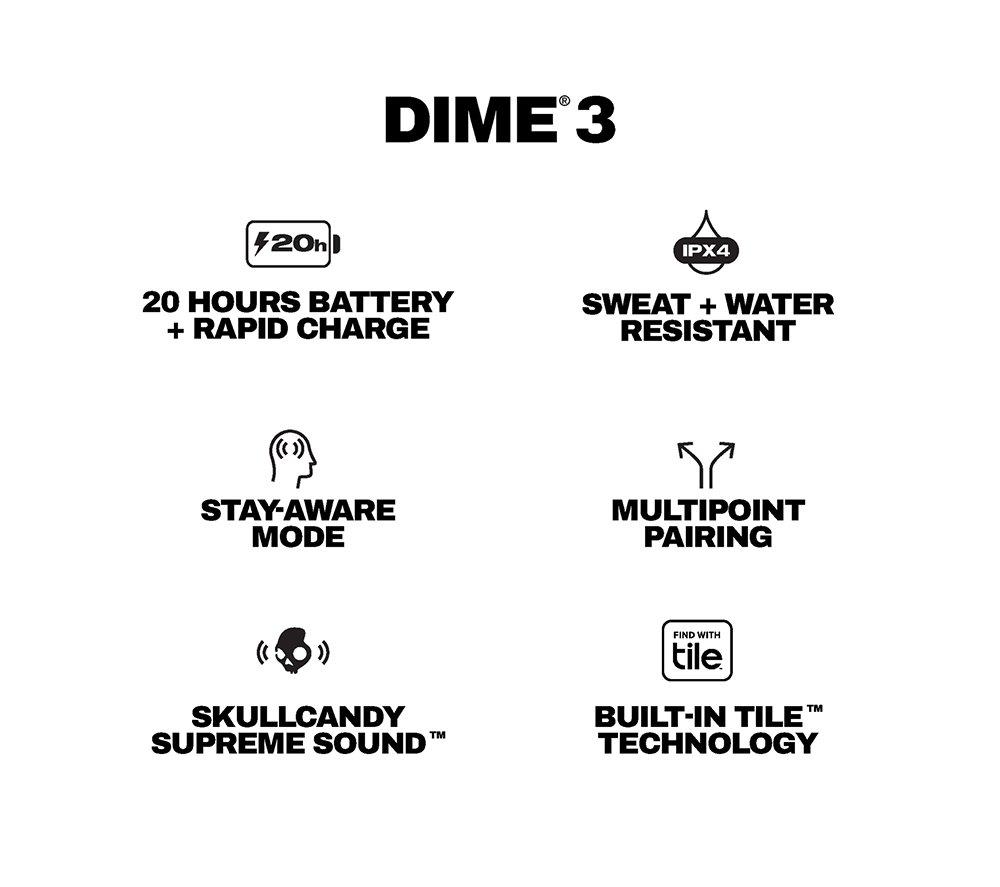 SKULLCANDY Dime 3 Wireless Bluetooth Earbuds - True Black image number 10 of 19