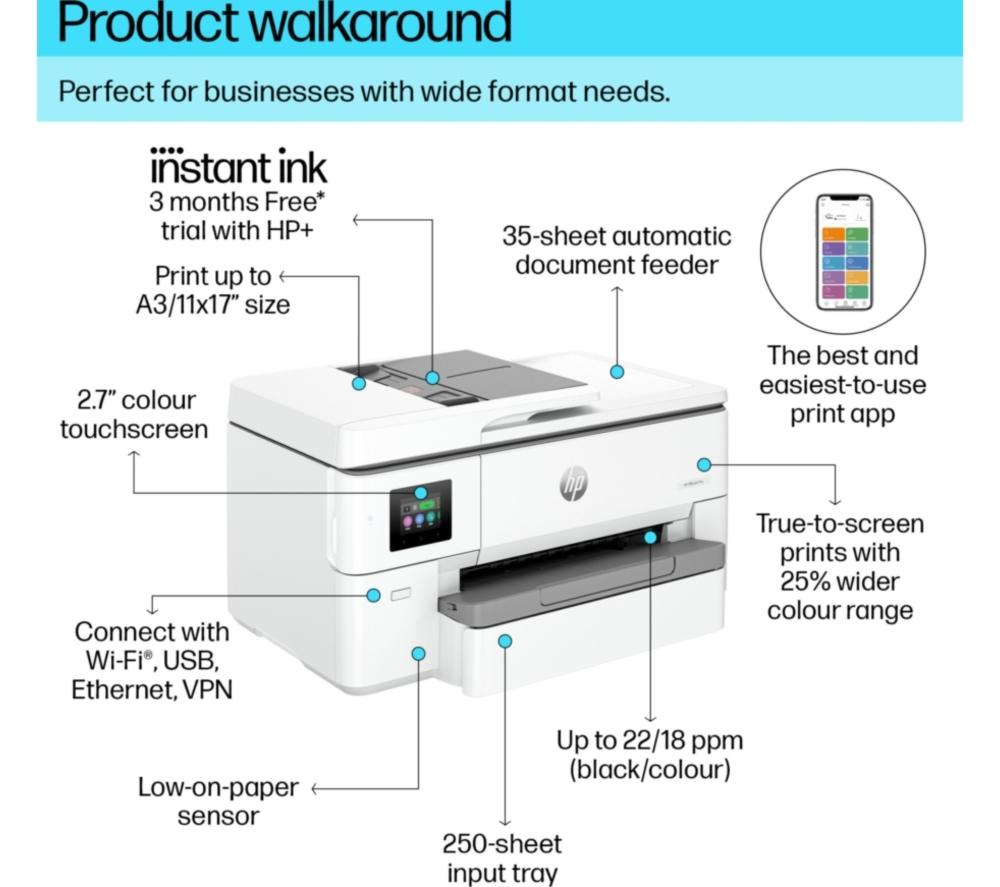 HP OfficeJet Pro 9720e All-in-One Wireless A3 Inkjet Printer & Instant Ink with HP+ image number 3 of 27