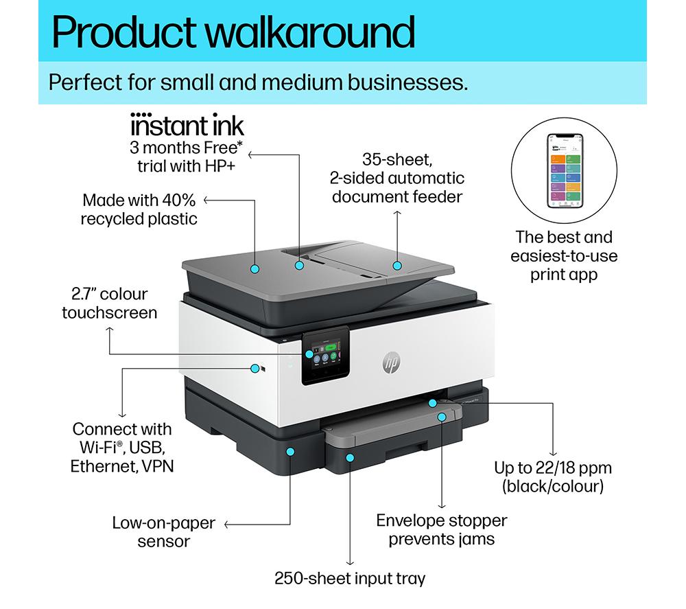 HP OfficeJet 9120e All-in-One Wireless Inkjet Printer with Fax & Instant Ink with HP+ image number 3 of 16