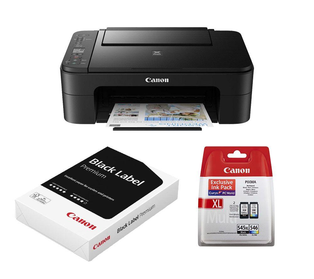 Canon PIXMA TS3355 Inkjet Printer, PG-545XL/CL-546 Ink Cartridges (Multipack) & A4 Premium Black Label Paper (500 Sheets x 3) Bundle, Black