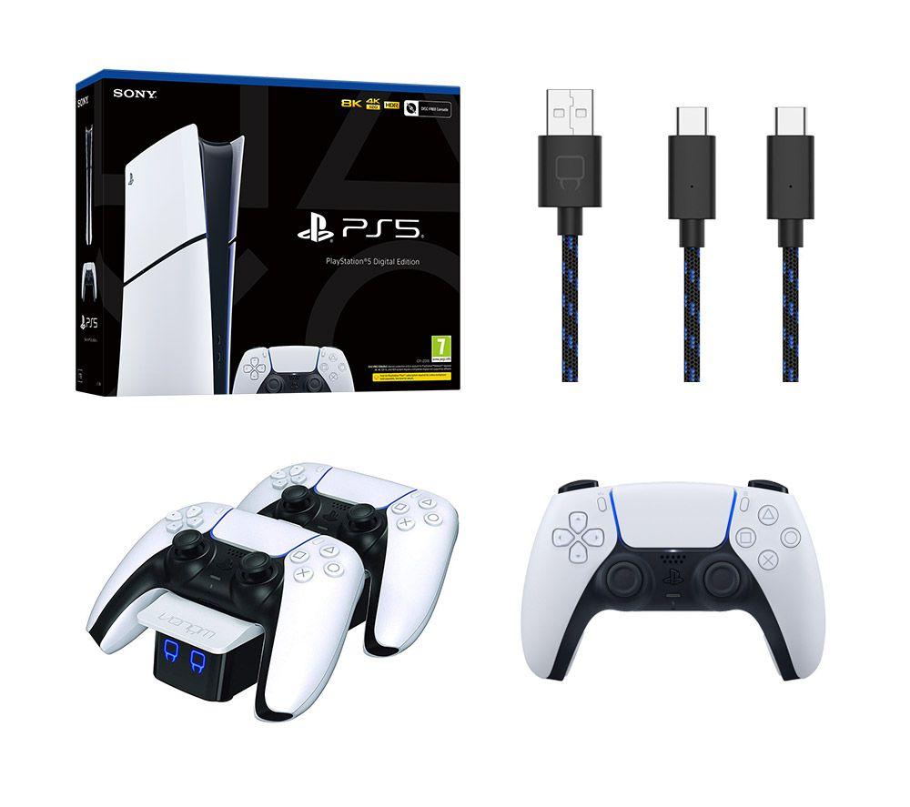 Sony PlayStation 5 Digital Edition Model Group, VS5001 Twin Docking Station, DualSense Wireless Controller (White) & Charge Cable Bundle, White