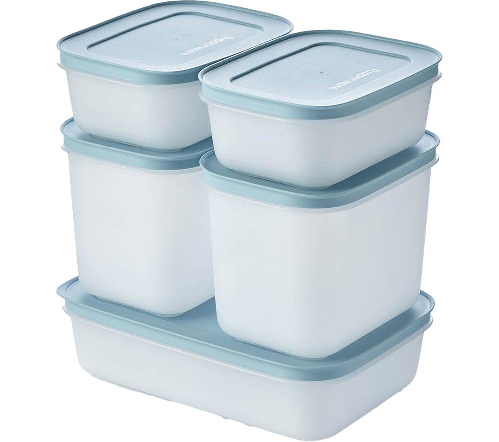 TUPPERWARE Freezer Mates 5-piece Shallow Container Set - Frosted with Blue Lid