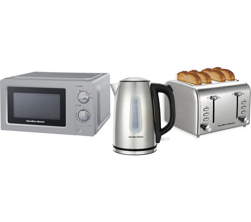 HAMILTON BEACH Rise Polished HBKTMP Solo Microwave, Electric Kettle & 4-Slice Toaster Bundle - Silver