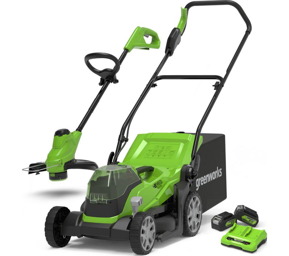 GREENWORKS GWGD24X2LM36LT25K4X Cordless Rotary Lawn Mower and Line Trimmer Set with 2 Batteries - Green & Black