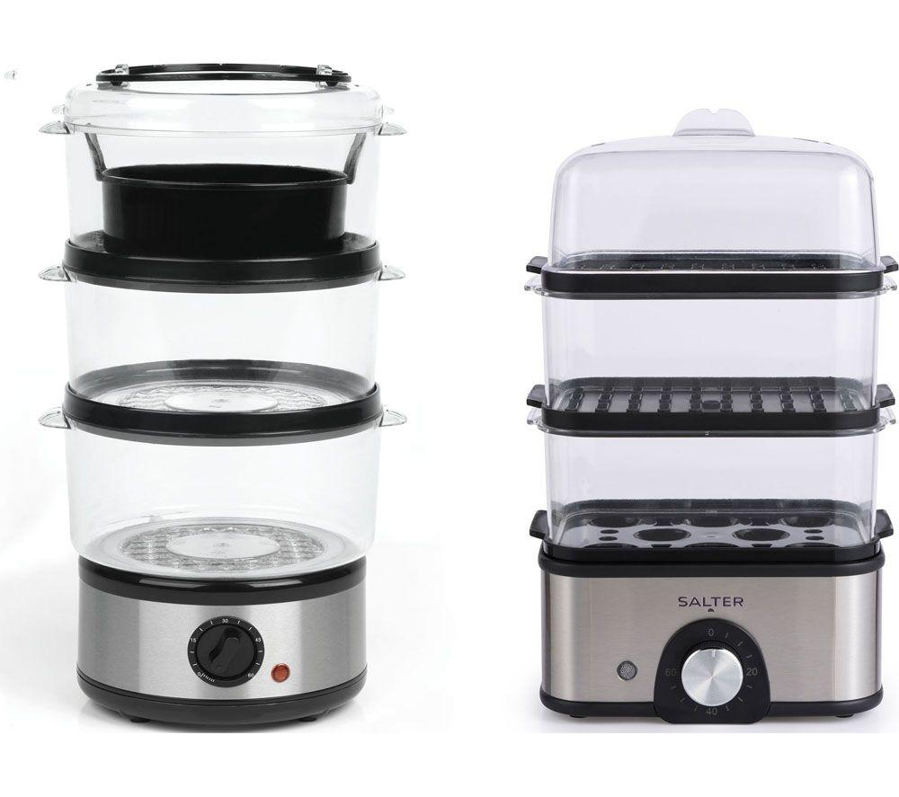 SALTER EK5885 Compact 3-Tier Food Steamer - Stainless Steel & Black image number 2 of 8